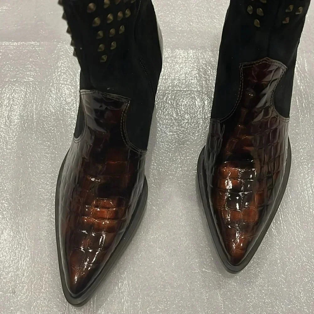 [US 7]Chicos Brown Patent Leather  /Black Suede Mixed Heeled Cowboy Boots-NWOT - Picture 3 of 7
